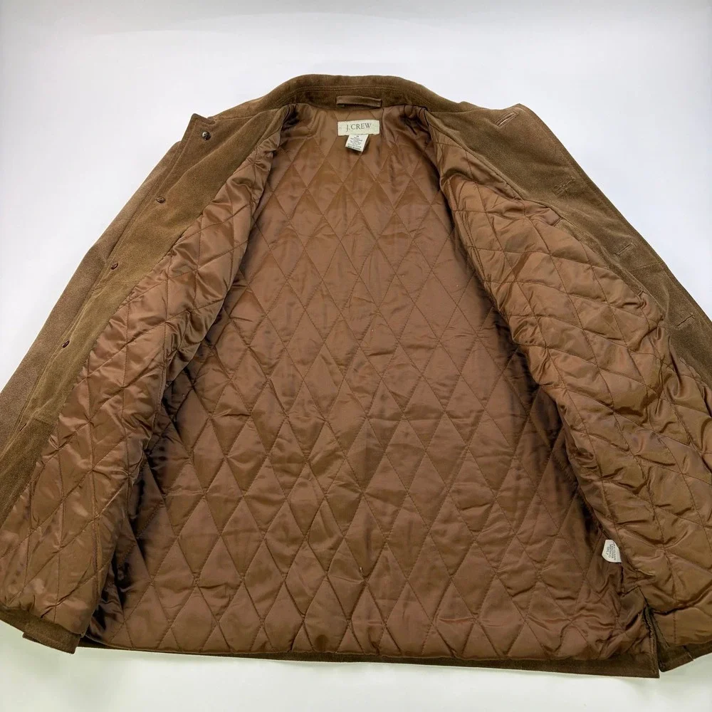 J.Crew Suede Leather Car Coat Mens Medium Brown Quilted Lined Button Jacket